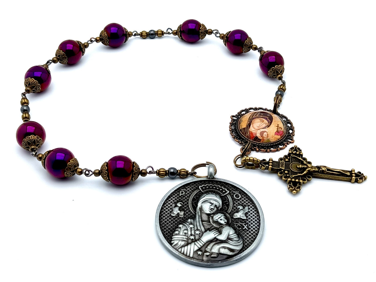 Our Lady of Perpetual Succour unique rosary beads prayer chaplet with purple and brass beads, Our Lady of Perpetual Help domed picture medals and brass crucifix.