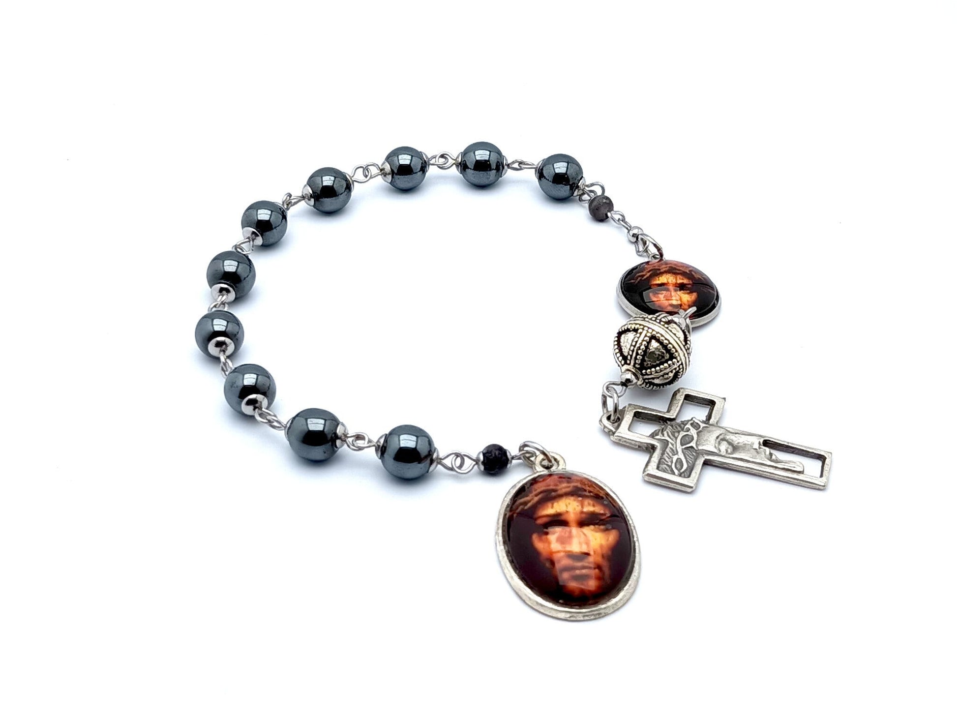 Holy Face of Jesus unique rosary beads hematite gemstone single decade rosary beads with Crowning with Thorns cross.