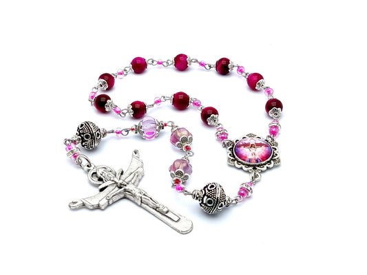The Crucifixion unique rosary beads pink tigers eye gemstone single decade rosary beads with Holy Trinity crucifix.