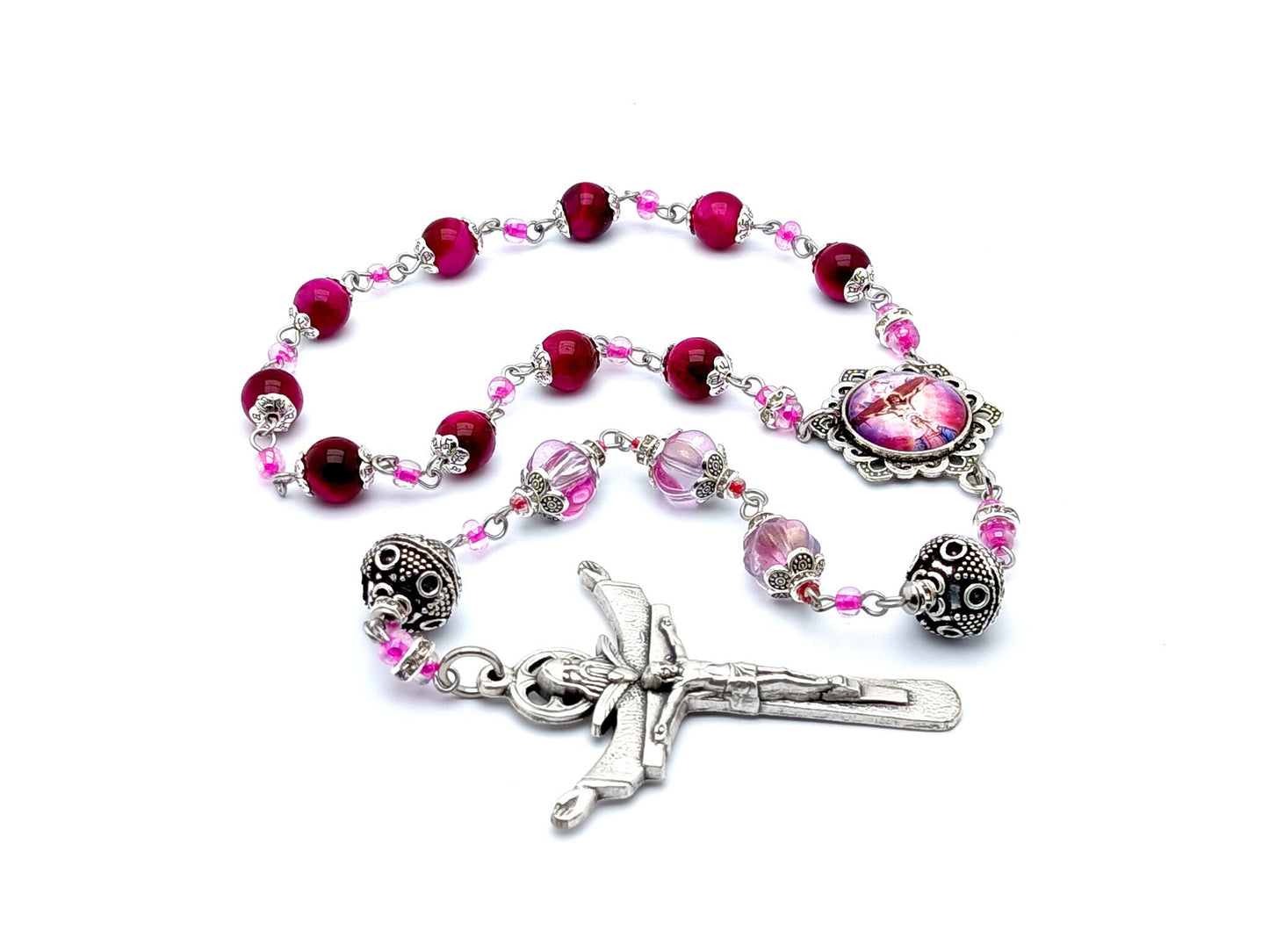 The Crucifixion unique rosary beads pink tigers eye gemstone single decade rosary beads with Holy Trinity crucifix.
