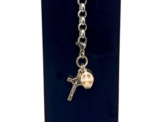 Memento Mori unique rosary beads purse clip keychain with Saint Benedict crucifix and a stainless steel lobster clasp.