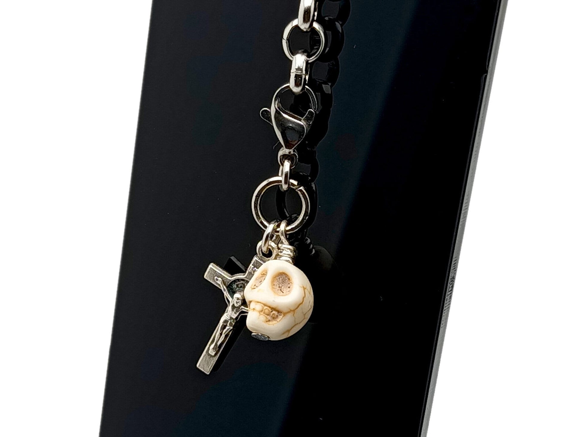 Memento Mori unique rosary beads purse clip keychain with Saint Benedict crucifix and a stainless steel lobster clasp.