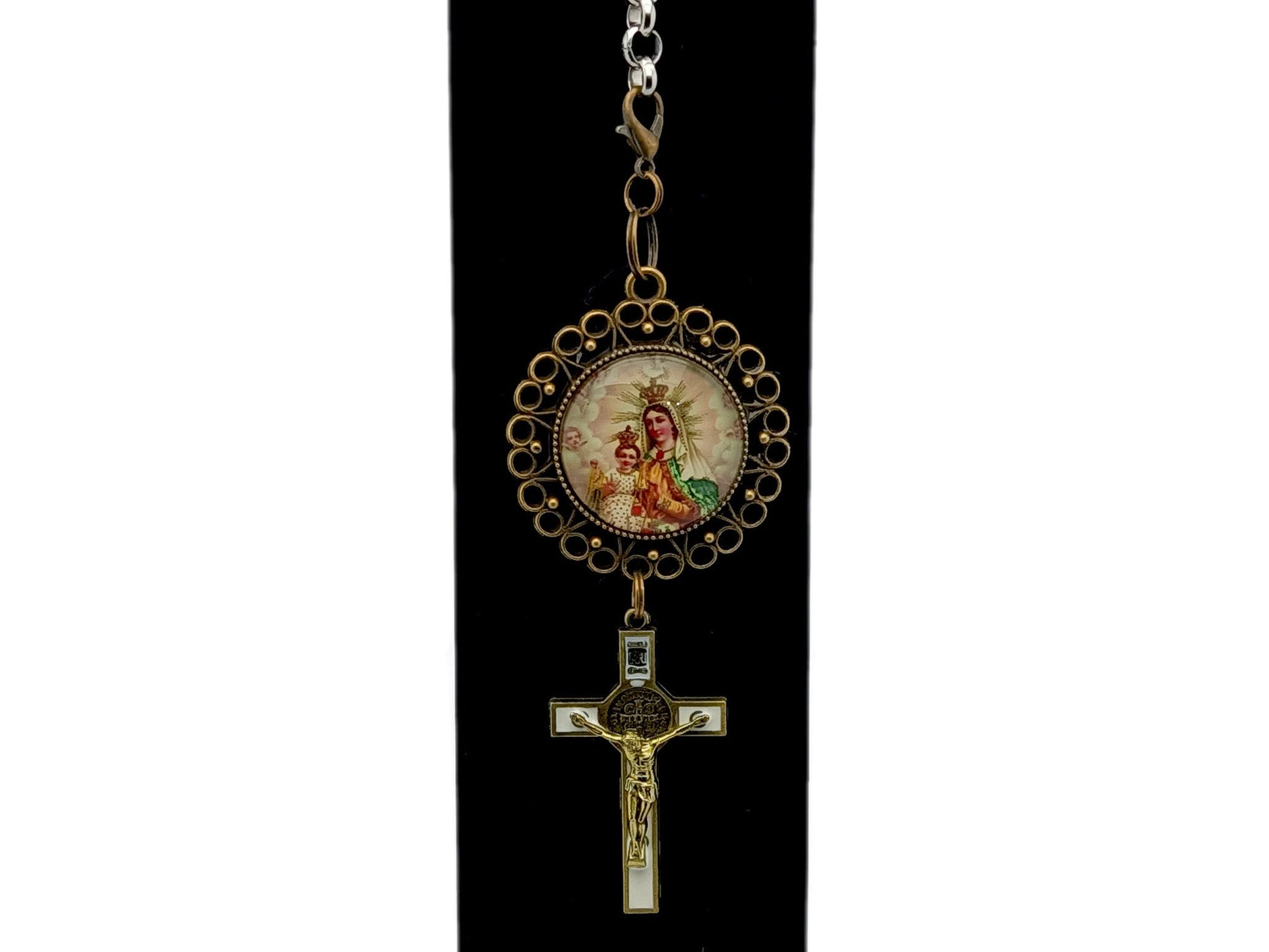 Our Lady of Mount unique rosary beads Carmel brown scapular key chain purse clip with enamel Saint Benedict brass crucifix.