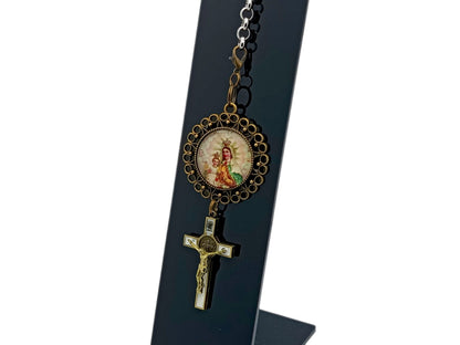 Our Lady of Mount unique rosary beads Carmel brown scapular key chain purse clip with enamel Saint Benedict brass crucifix.