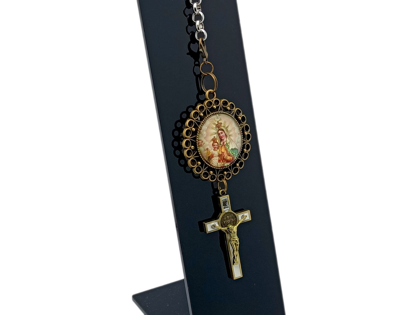 Our Lady of Mount unique rosary beads Carmel brown scapular key chain purse clip with enamel Saint Benedict brass crucifix.