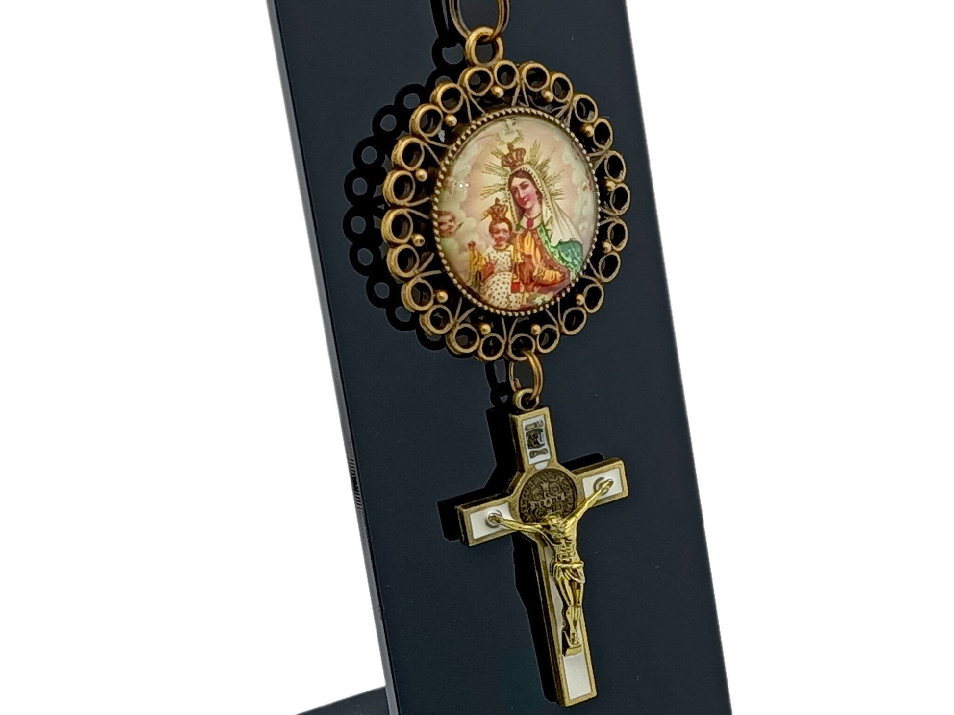 Our Lady of Mount unique rosary beads Carmel brown scapular key chain purse clip with enamel Saint Benedict brass crucifix.