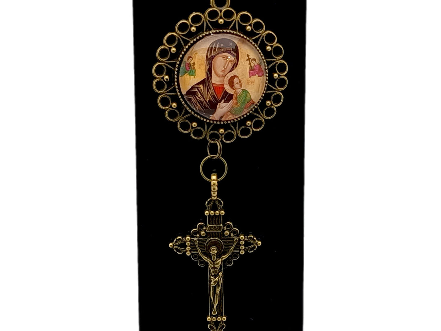 Our Lady of Perpetual Succour unique rosary beads purse clip key chain with brass crucifix.