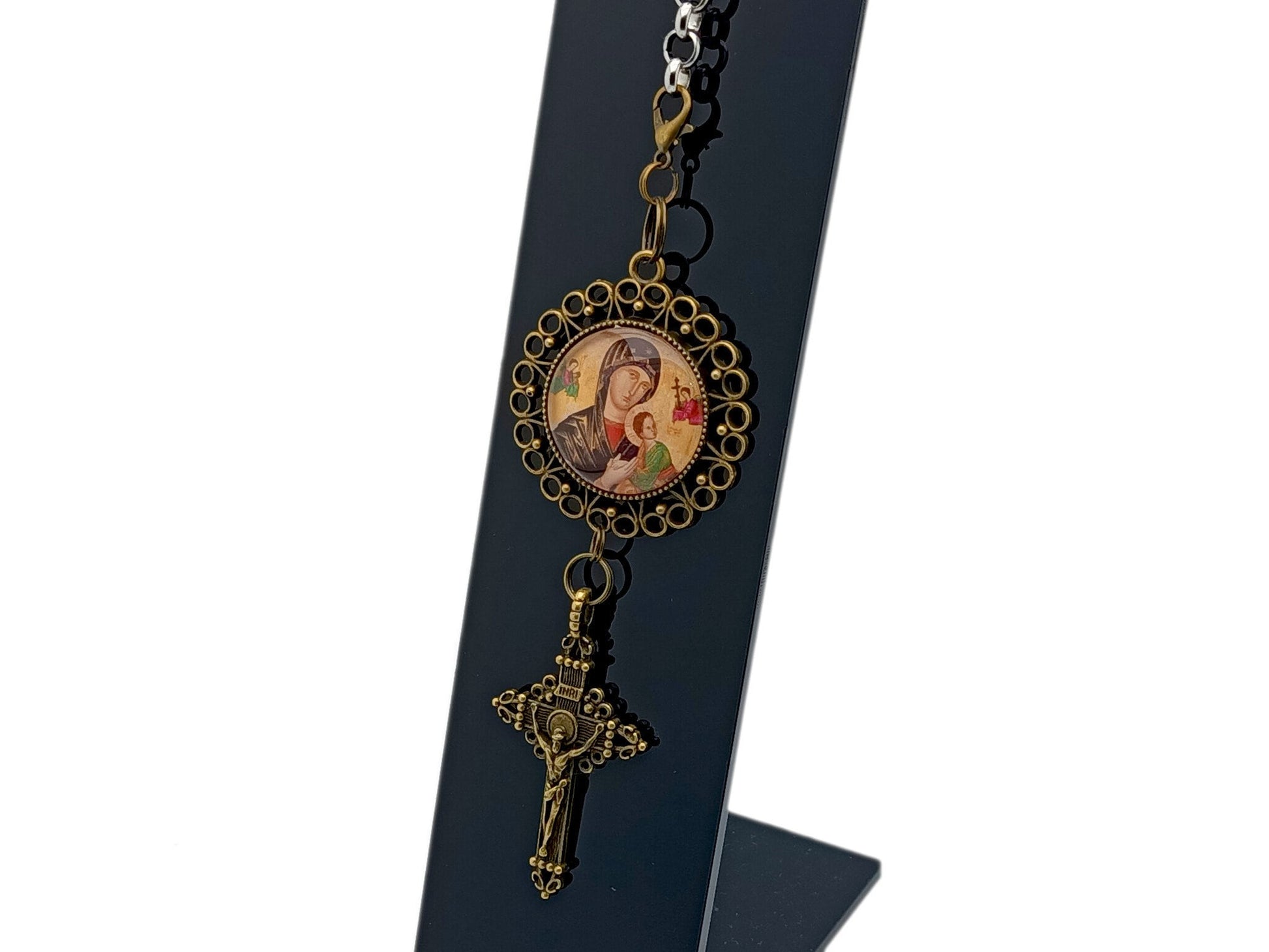 Our Lady of Perpetual Succour unique rosary beads purse clip key chain with brass crucifix.
