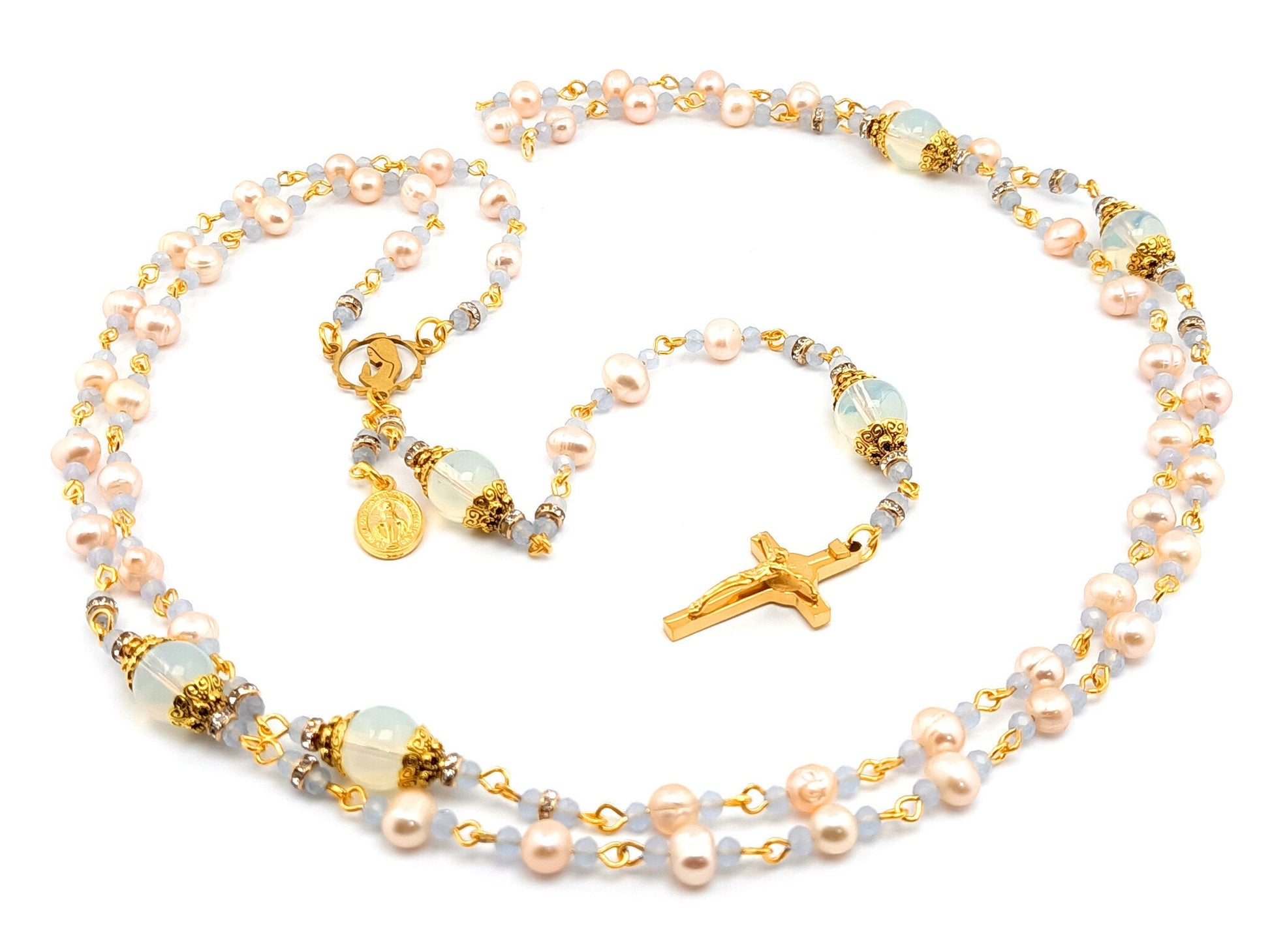 Virgin Mary unique rosary beads freshwater pearls and opal gemstone rosary beads with gold plated stainless steel Saint Benedict crucifix.