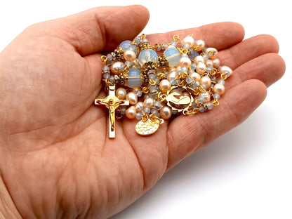 Virgin Mary unique rosary beads freshwater pearls and opal gemstone rosary beads with gold plated stainless steel Saint Benedict crucifix.