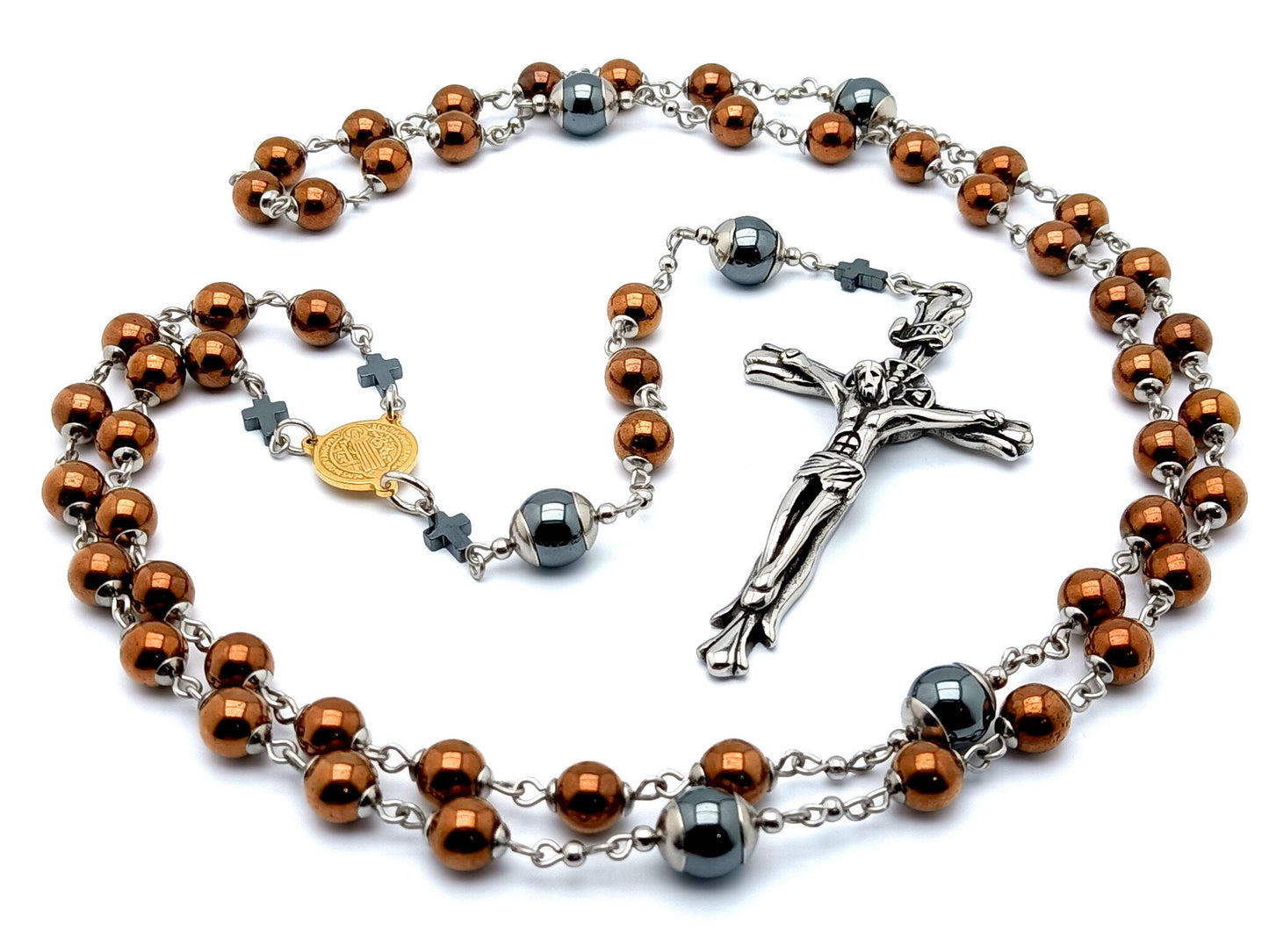 Saint Benedict unique rosary beads copper and grey hematite gemstone rosary beads with stainless steel crucifix and hematite linking cross beads.