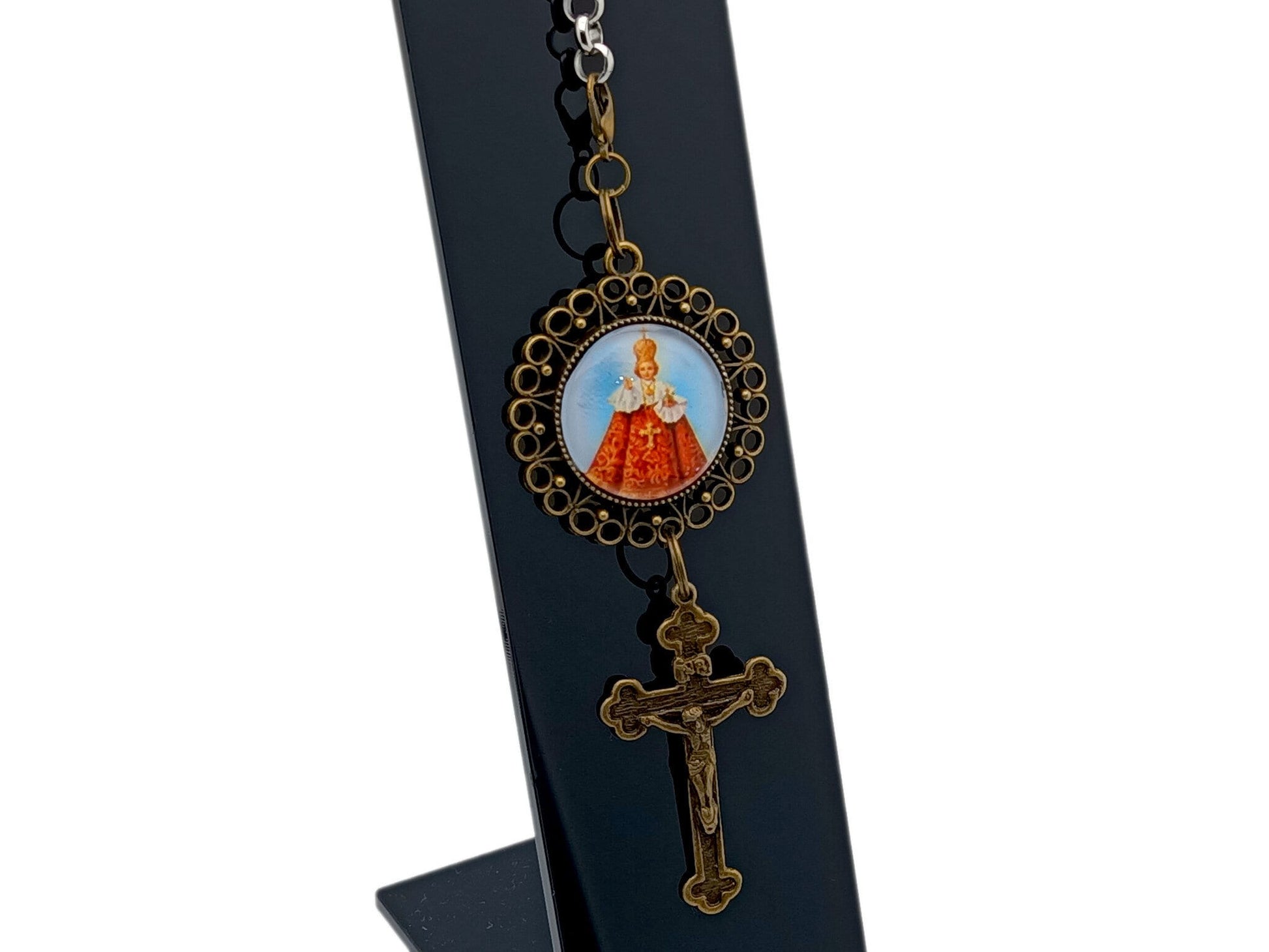 Vintage style Infant of Prague unique rosary beads purse clip key chain with brass crucifix.