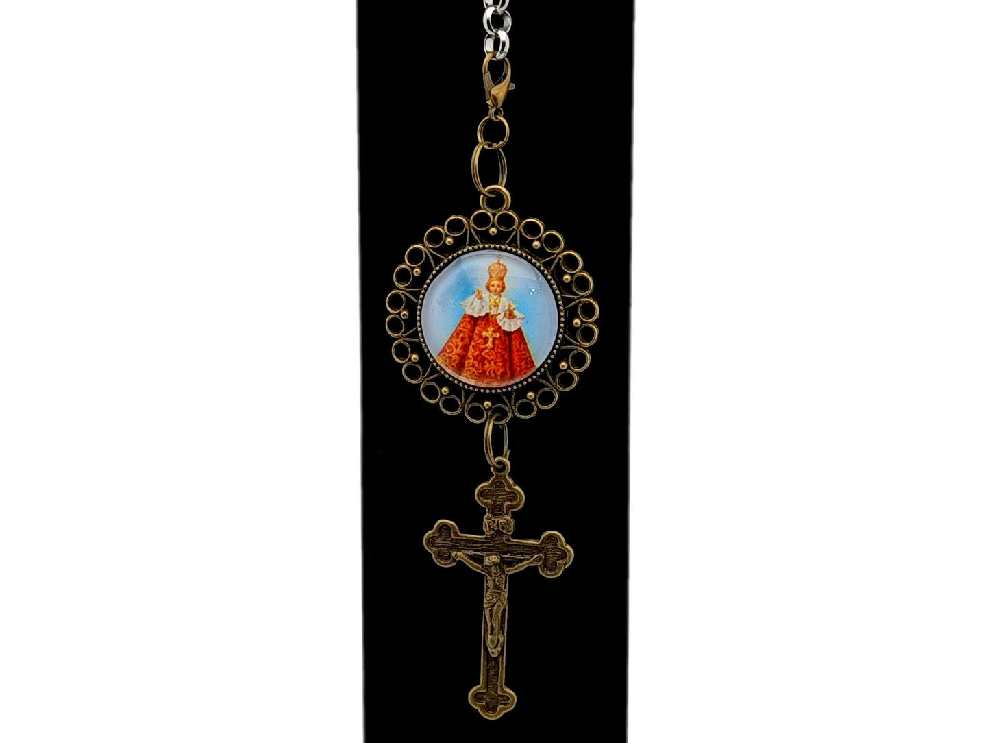 Vintage style Infant of Prague unique rosary beads purse clip key chain with brass crucifix.