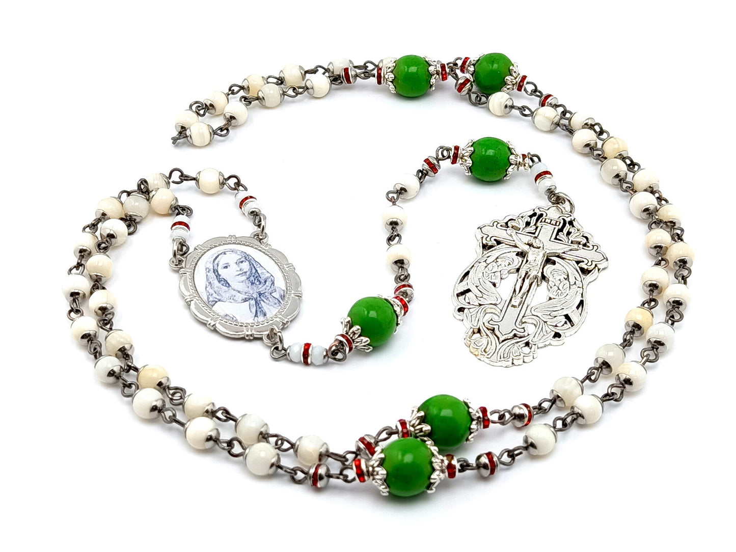 Saint Dymphna unique rosary beads mother of pearl and howlite gemstone rosary beads with two angels crucifix.