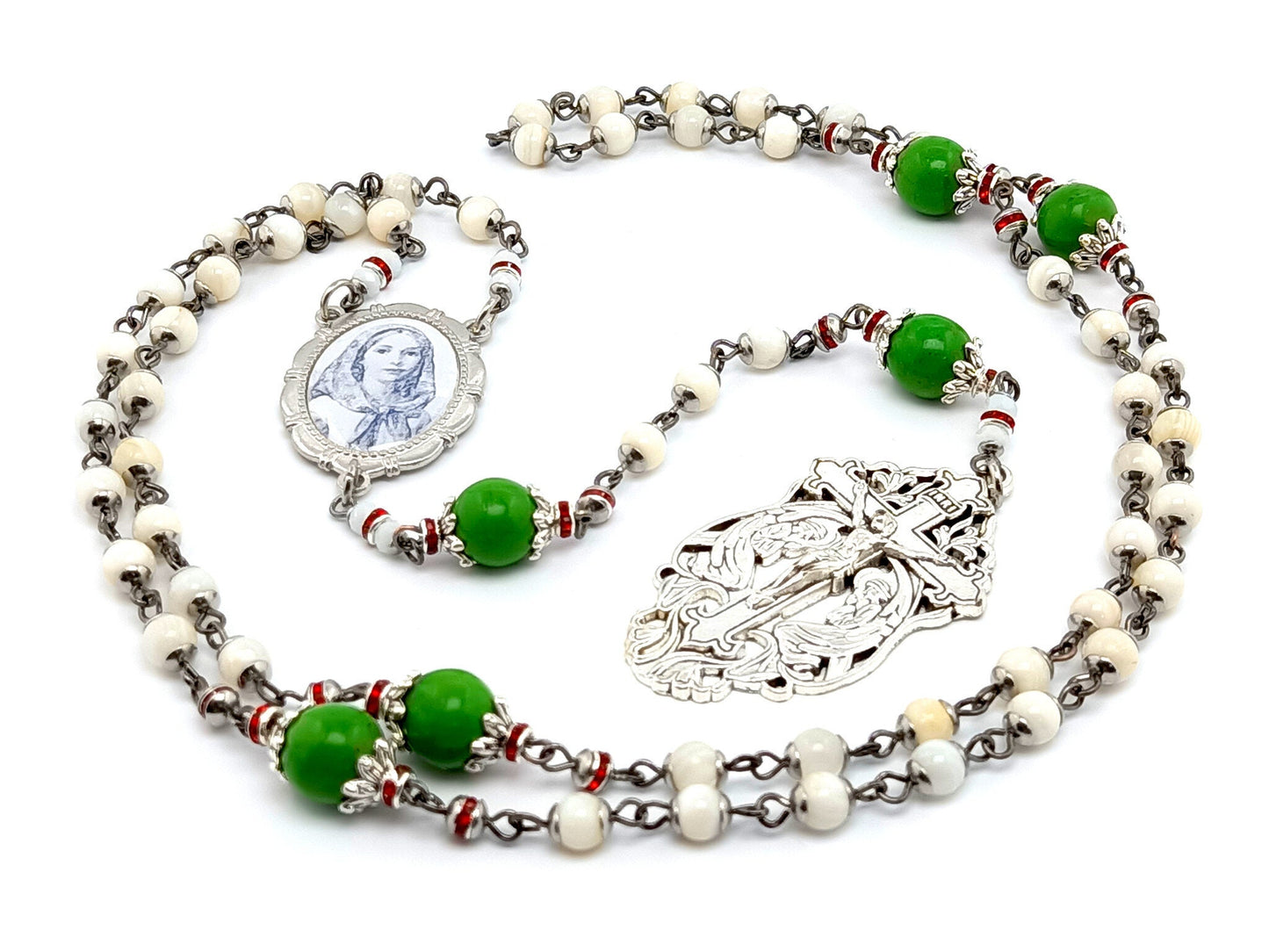 Saint Dymphna unique rosary beads mother of pearl and howlite gemstone rosary beads with two angels crucifix.