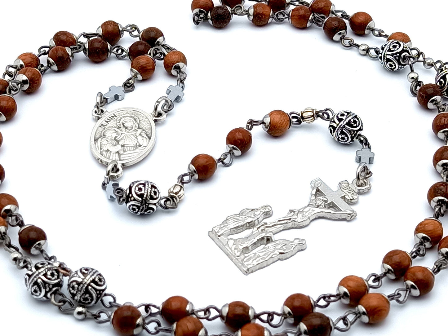 Saint Anne wooden unique rosary beads with Bali beads and two Marys and Saint John at the foot of the cross crucifix