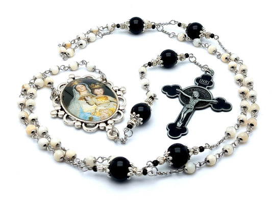 Crowned Virgin And Child unique rosary beads mother of pearl and onyx gemstone rosary beads with black enamel and pewter Saint Benedict crucifix.