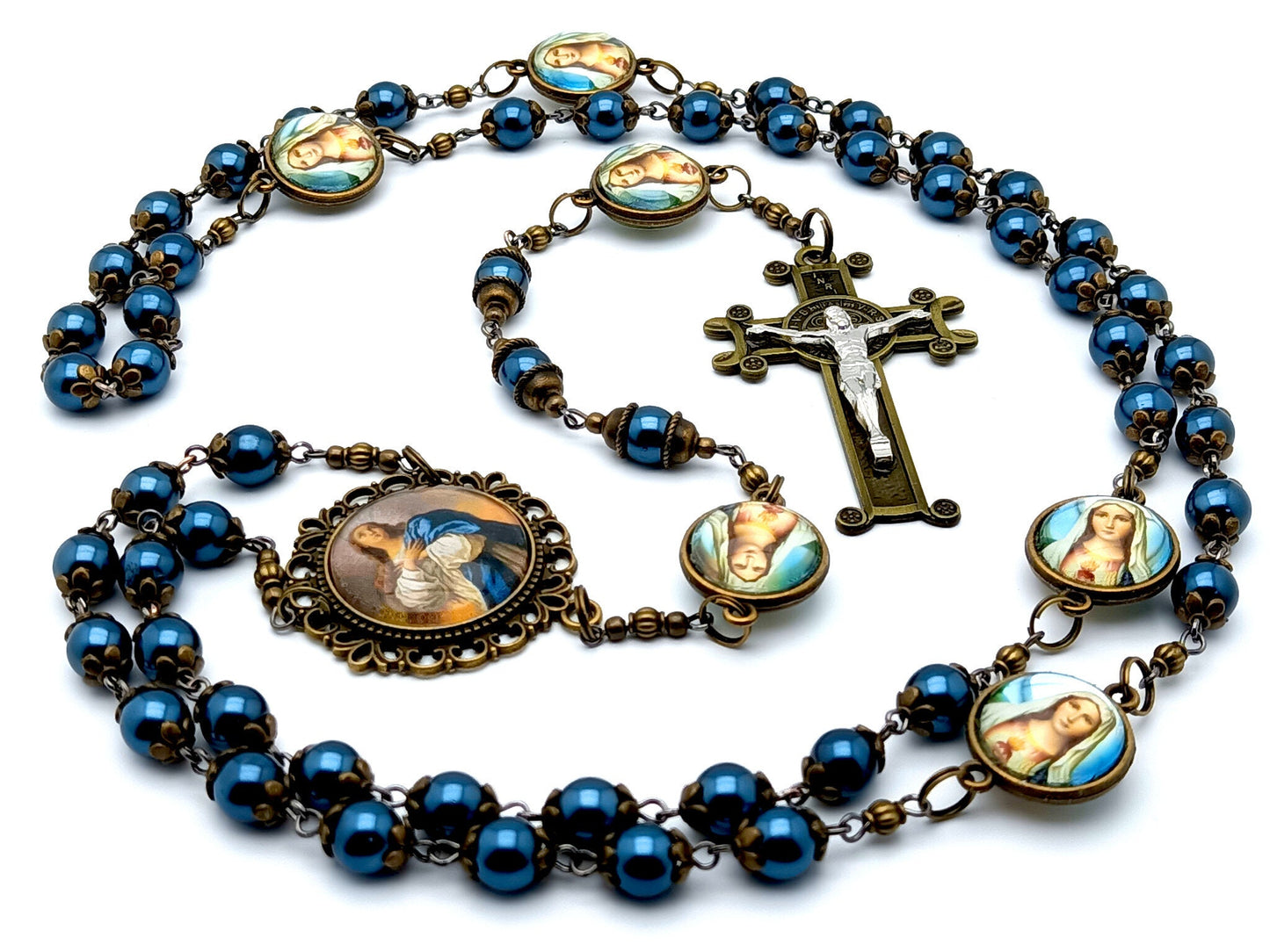 The Annunciation of Mary unique rosary beads pearlised glass vintage style rosary beads with brass and silver Saint Benedict crucifix.