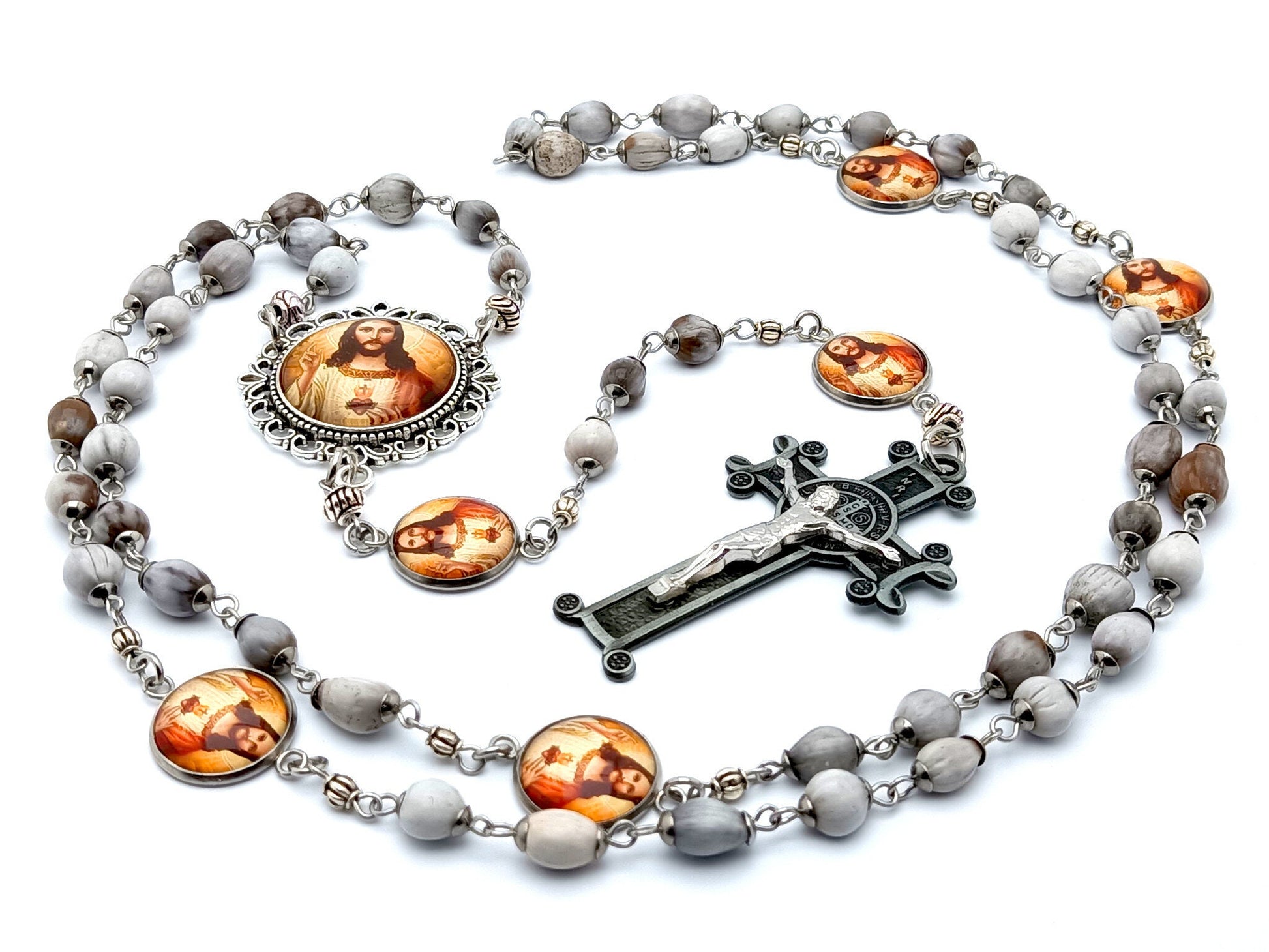 Sacred Heart of Jesus unique rosary beads Jobs tears and stainless steel rosary beads with pewter style Saint Benedict crucifix.