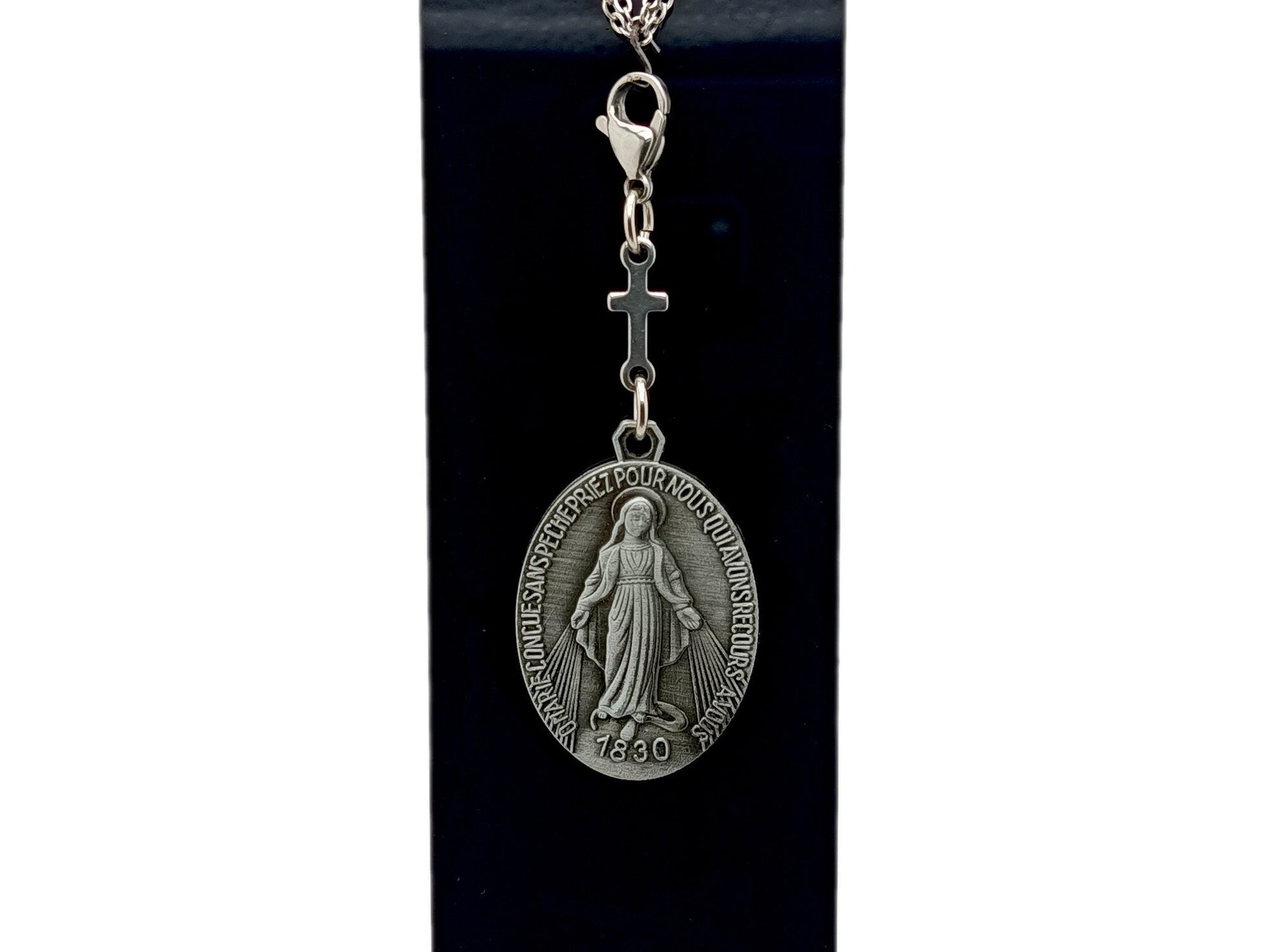 Large Miraculous medal unique rosary beads purse clip key chain with stainless steel linking cross.