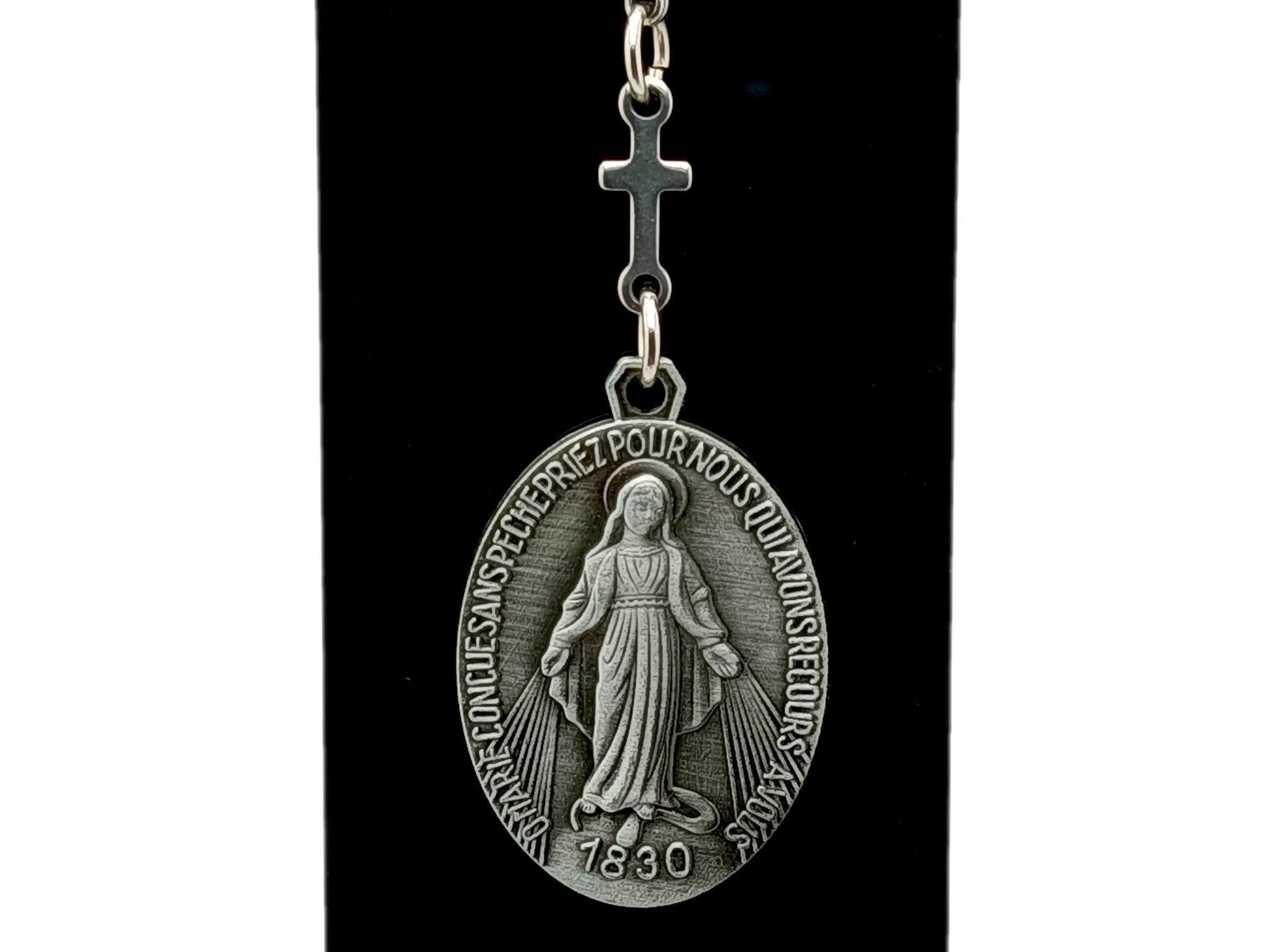 Large Miraculous medal unique rosary beads purse clip key chain with stainless steel linking cross.