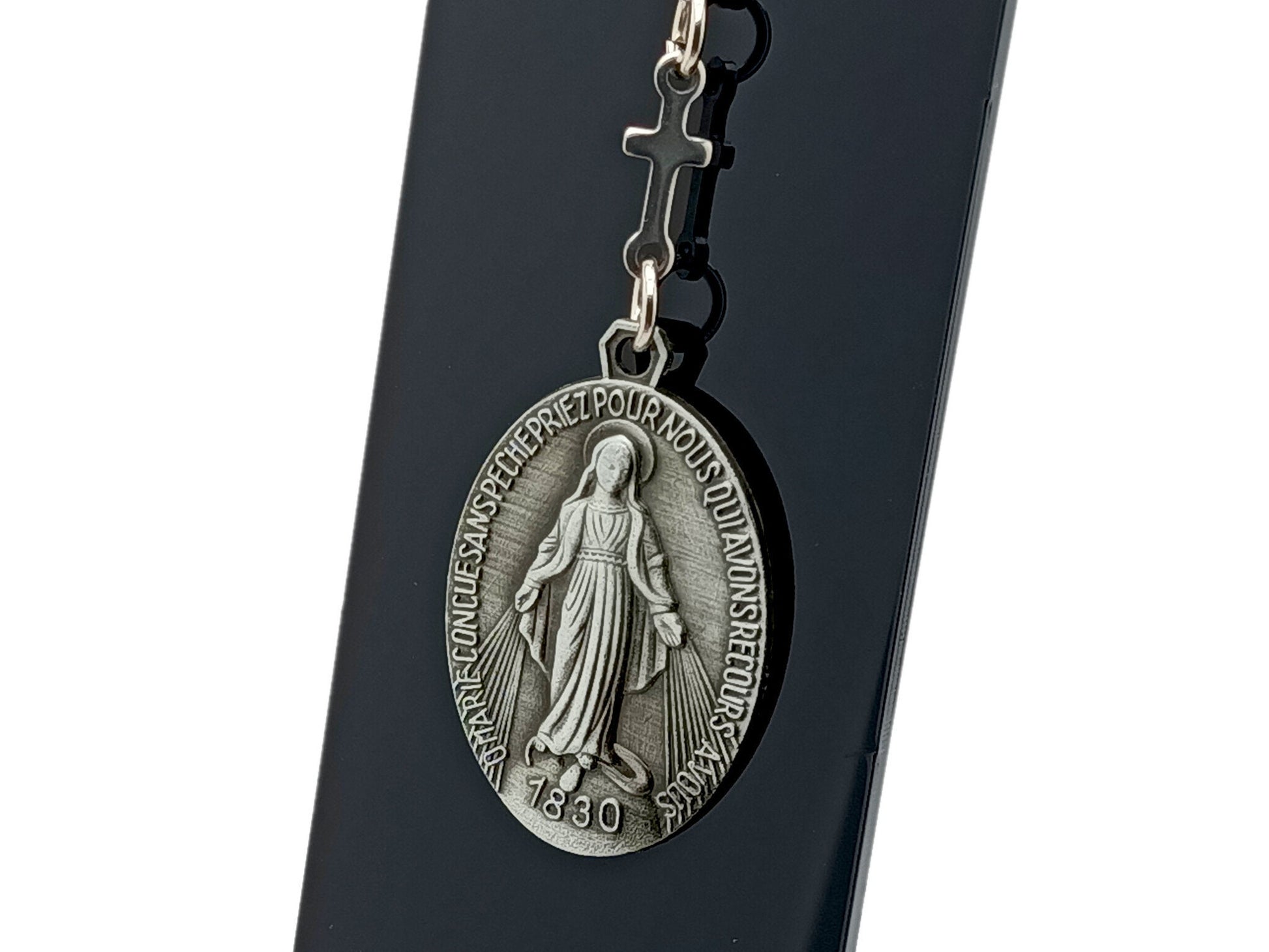 Large Miraculous medal unique rosary beads purse clip key chain with stainless steel linking cross.