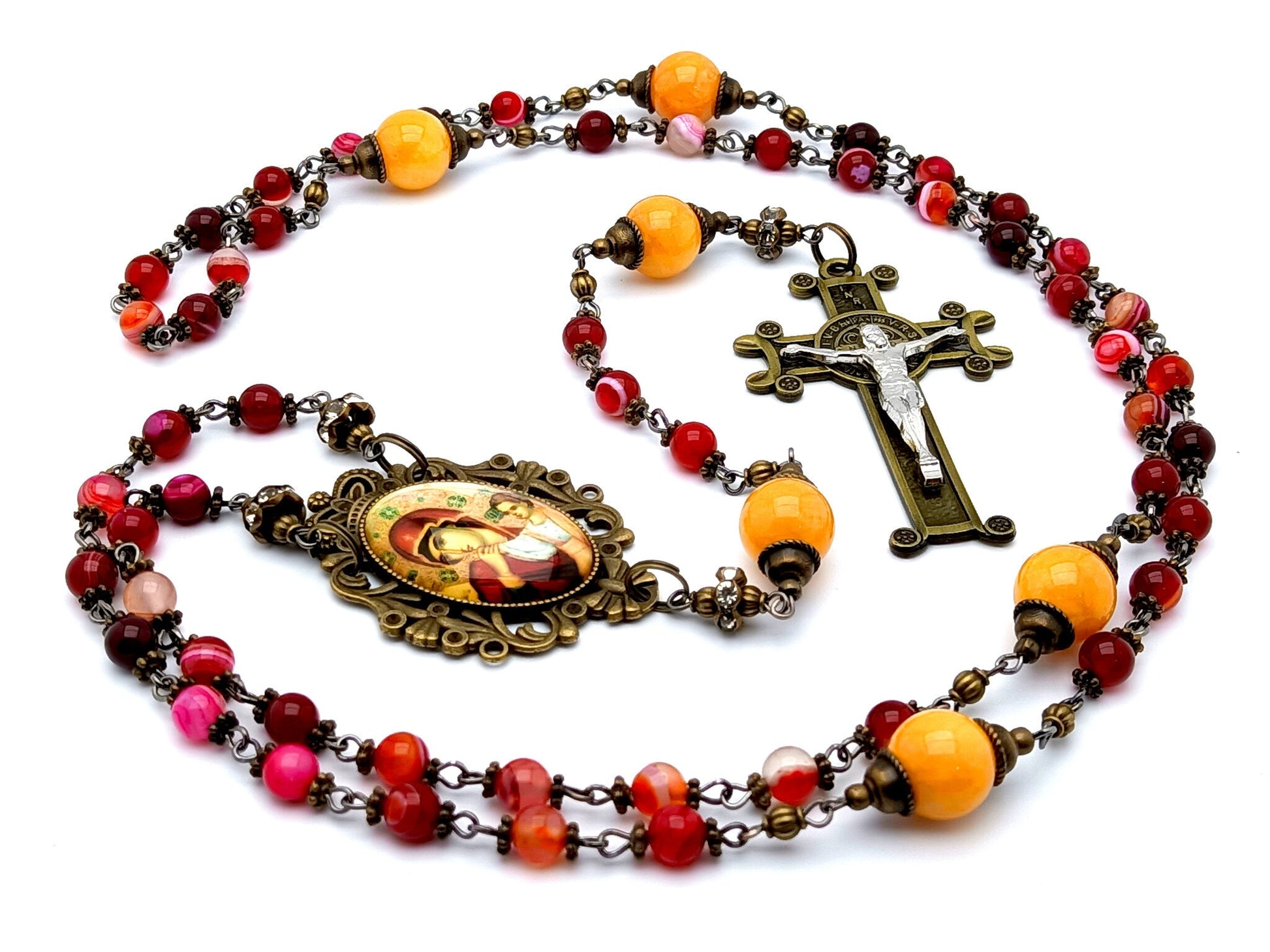 Our Lady of Perpetual Help unique rosary beads agate and jade vintage style gemstone vintage style rosary beads with bronze Saint Benedict crucifix.
