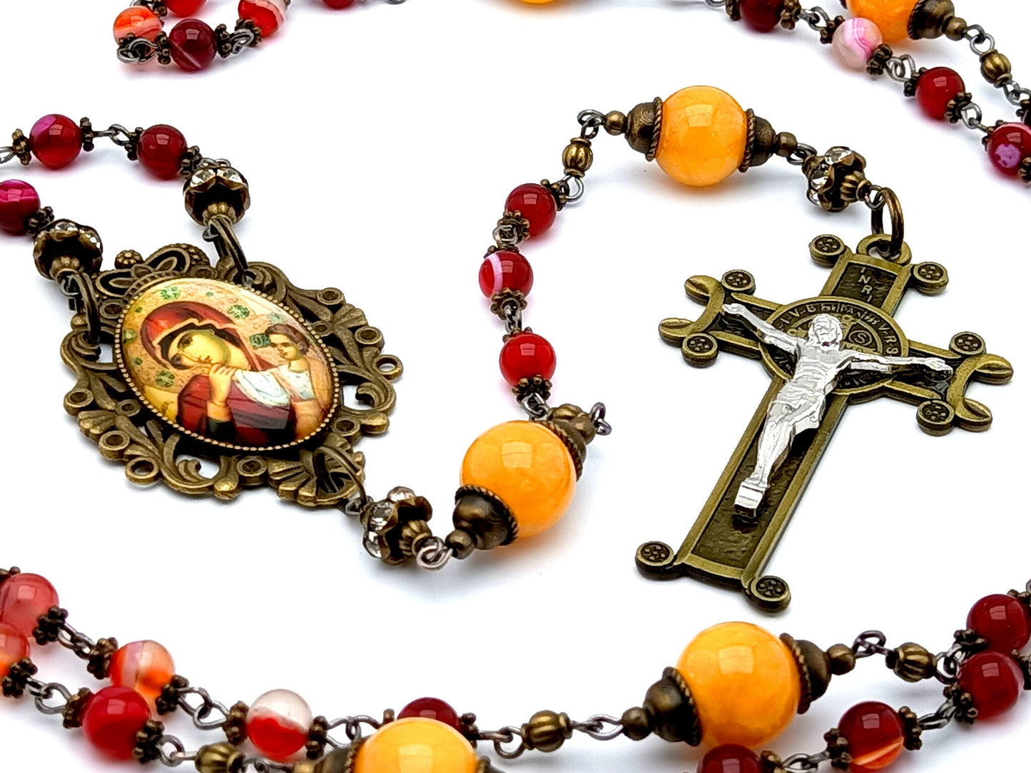 Our Lady of Perpetual Help unique rosary beads agate and jade vintage style gemstone vintage style rosary beads with bronze Saint Benedict crucifix.