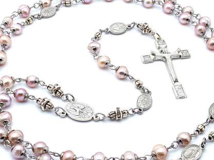 Holy Spirit and Miraculous medal unique rosary beads pink freshwater pearl rosary beads with silver Resurrection crucifix.