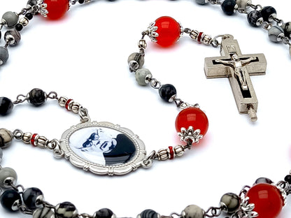 Saint Maximilian Kolbe unique rosary beads jasper and ruby gemstone rosary beads with memory reliquary holder crucifix.