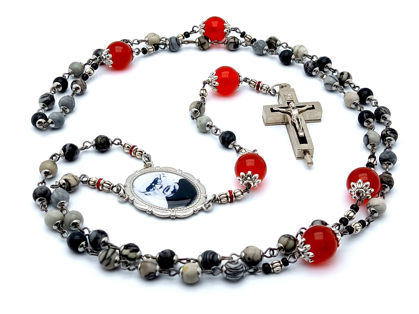 Saint Maximilian Kolbe unique rosary beads jasper and ruby gemstone rosary beads with memory reliquary holder crucifix.