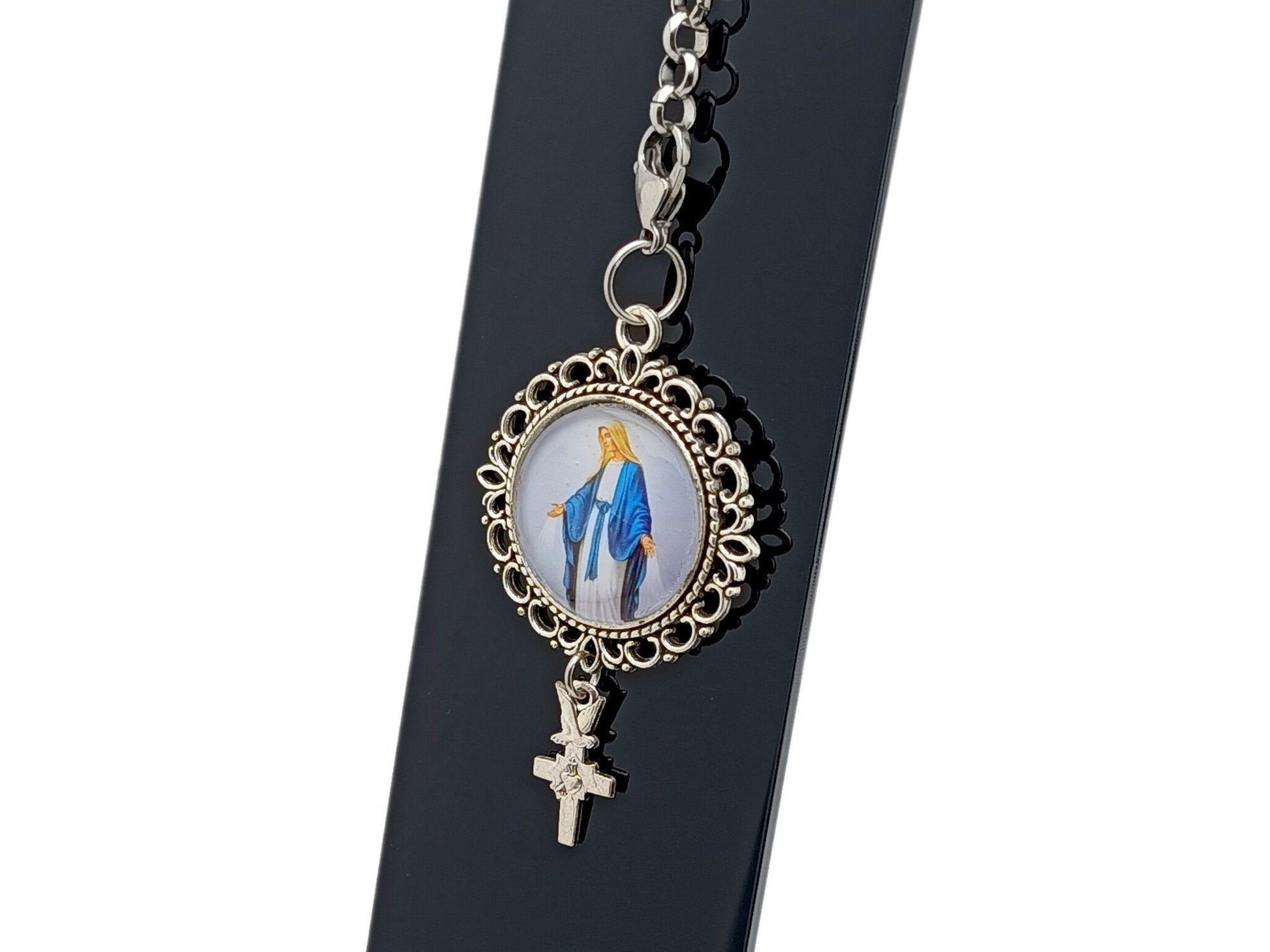 Our Lady of Grace domed picture medal purse clip key chain with a rose –  Unique Rosary Beads