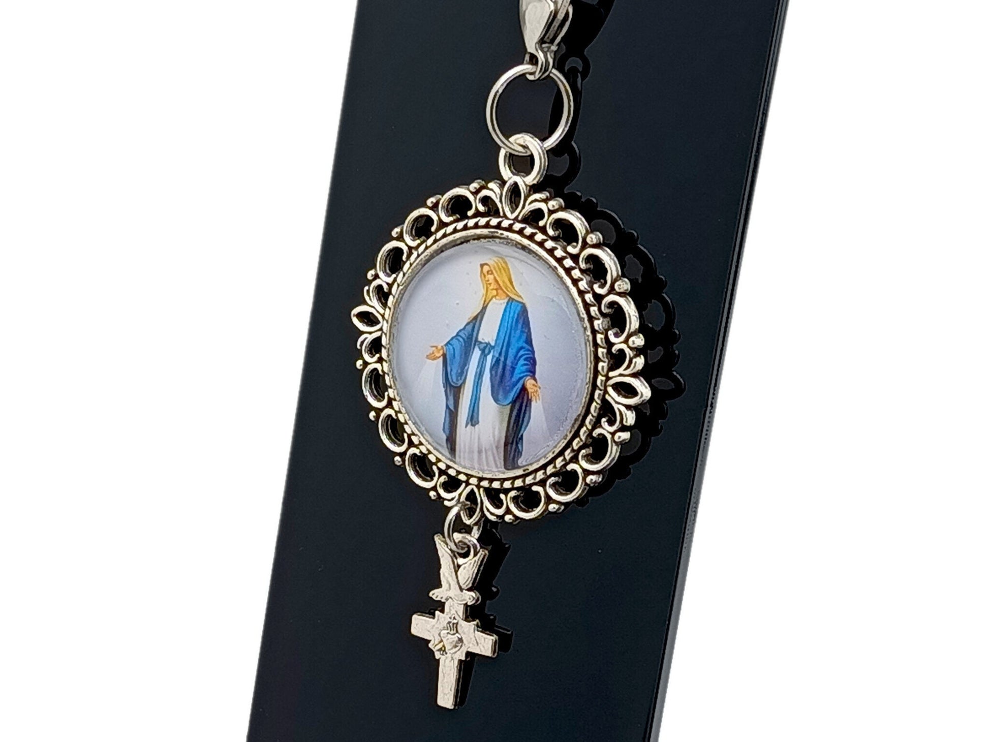 Our Lady of Grace domed picture medal unique rosary beads purse clip key chain with Holy Spirit and Sacred Heart cross.