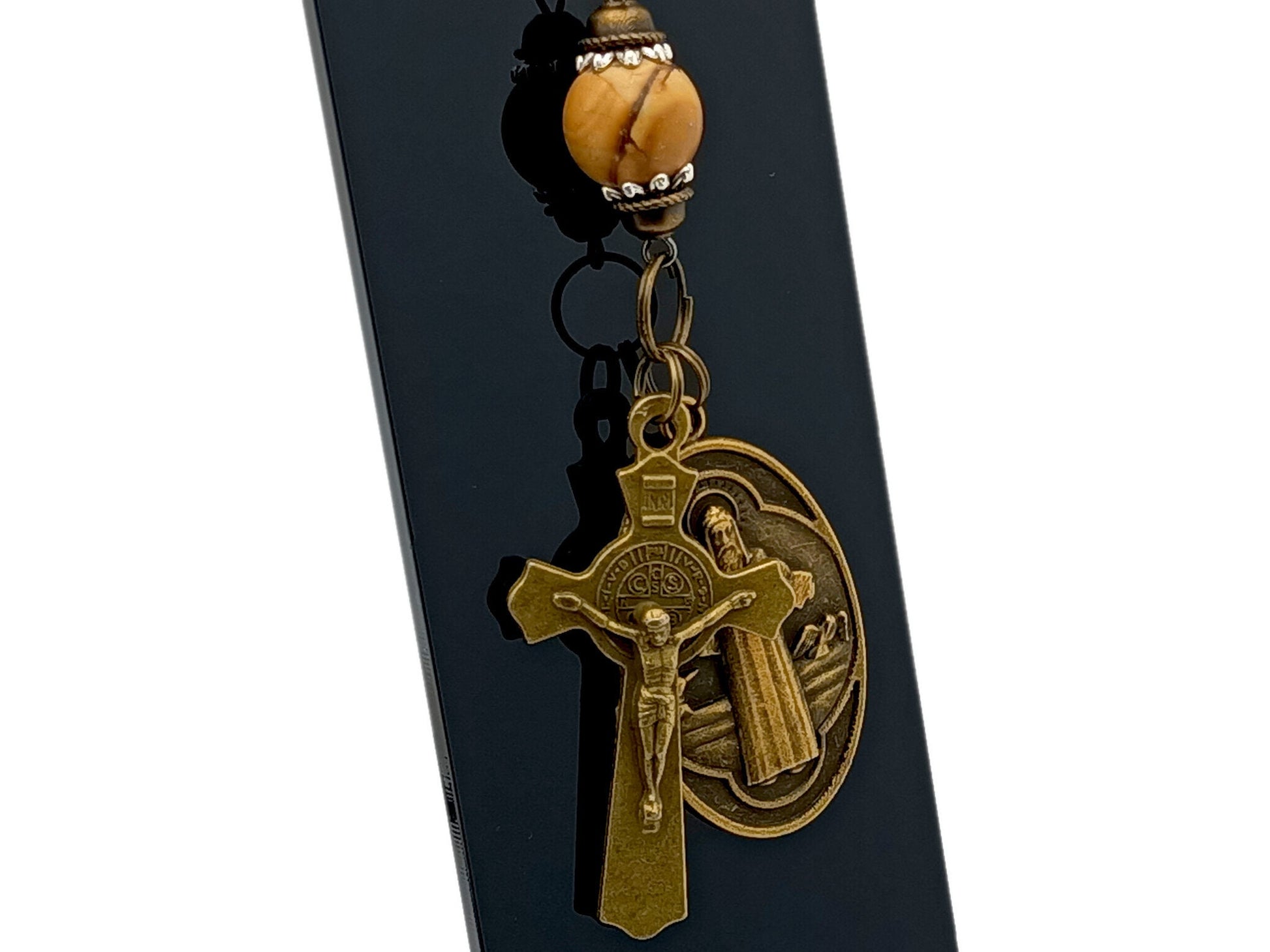 Vintage Saint Benedict medal and crucifix unique rosary beads purse clip key chain with sandwood gemstone bead.