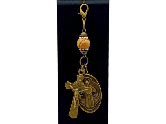 Vintage Saint Benedict medal and crucifix unique rosary beads purse clip key chain with sandwood gemstone bead.
