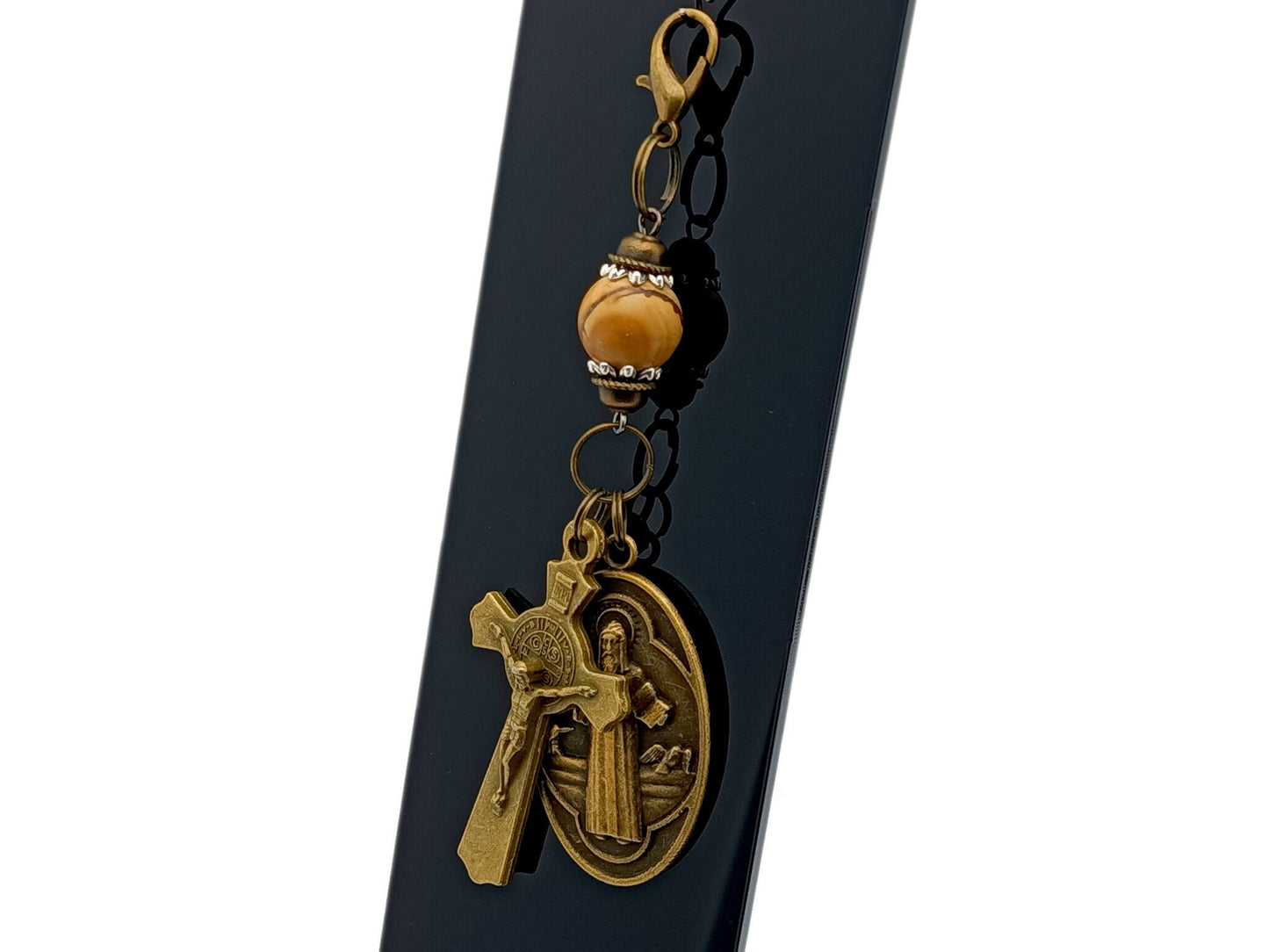 Vintage Saint Benedict medal and crucifix unique rosary beads purse clip key chain with sandwood gemstone bead.