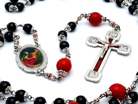 Saint Mary Magdalene unique rosary beads with onyx and howlite gemstone beads and Way of the Cross crucifix.