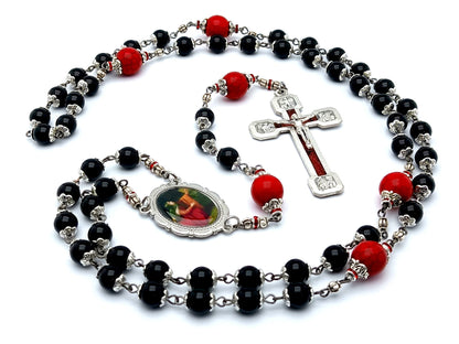 Saint Mary Magdalene unique rosary beads with onyx and howlite gemstone beads and Way of the Cross crucifix.