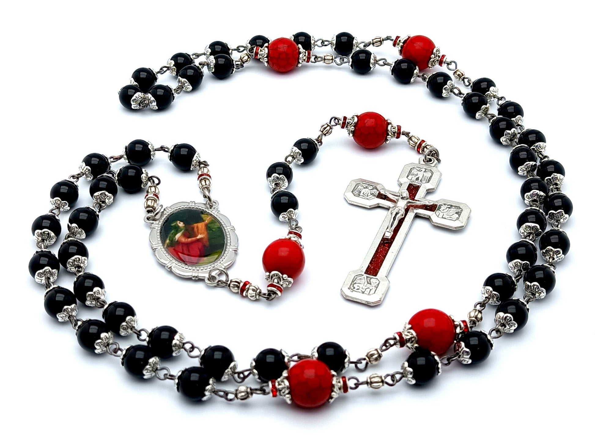 Saint Mary Magdalene unique rosary beads with onyx and howlite gemstone beads and Way of the Cross crucifix.