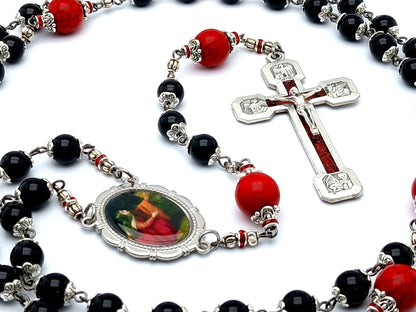 Saint Mary Magdalene unique rosary beads with onyx and howlite gemstone beads and Way of the Cross crucifix.
