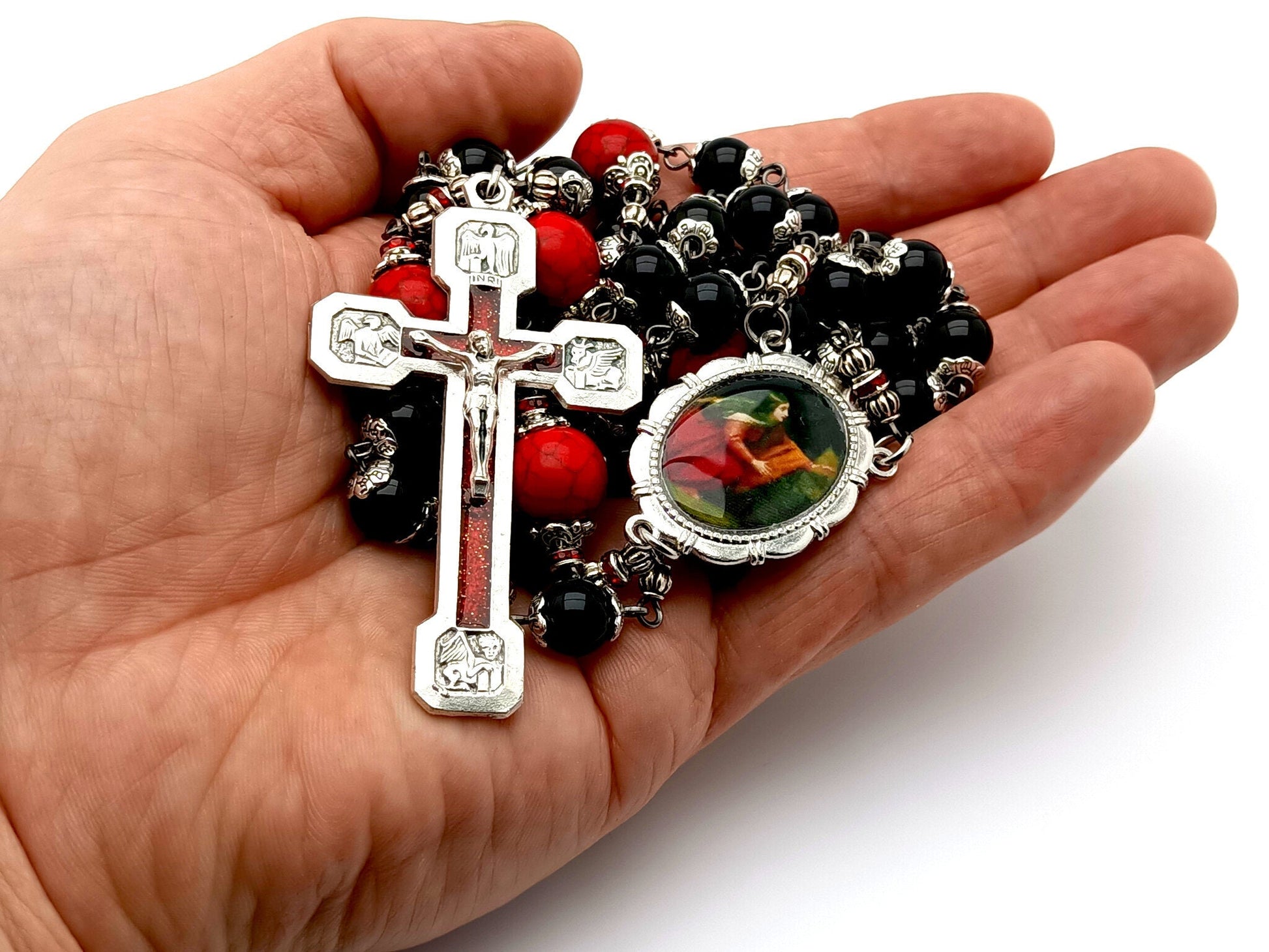 Saint Mary Magdalene unique rosary beads with onyx and howlite gemstone beads and Way of the Cross crucifix.