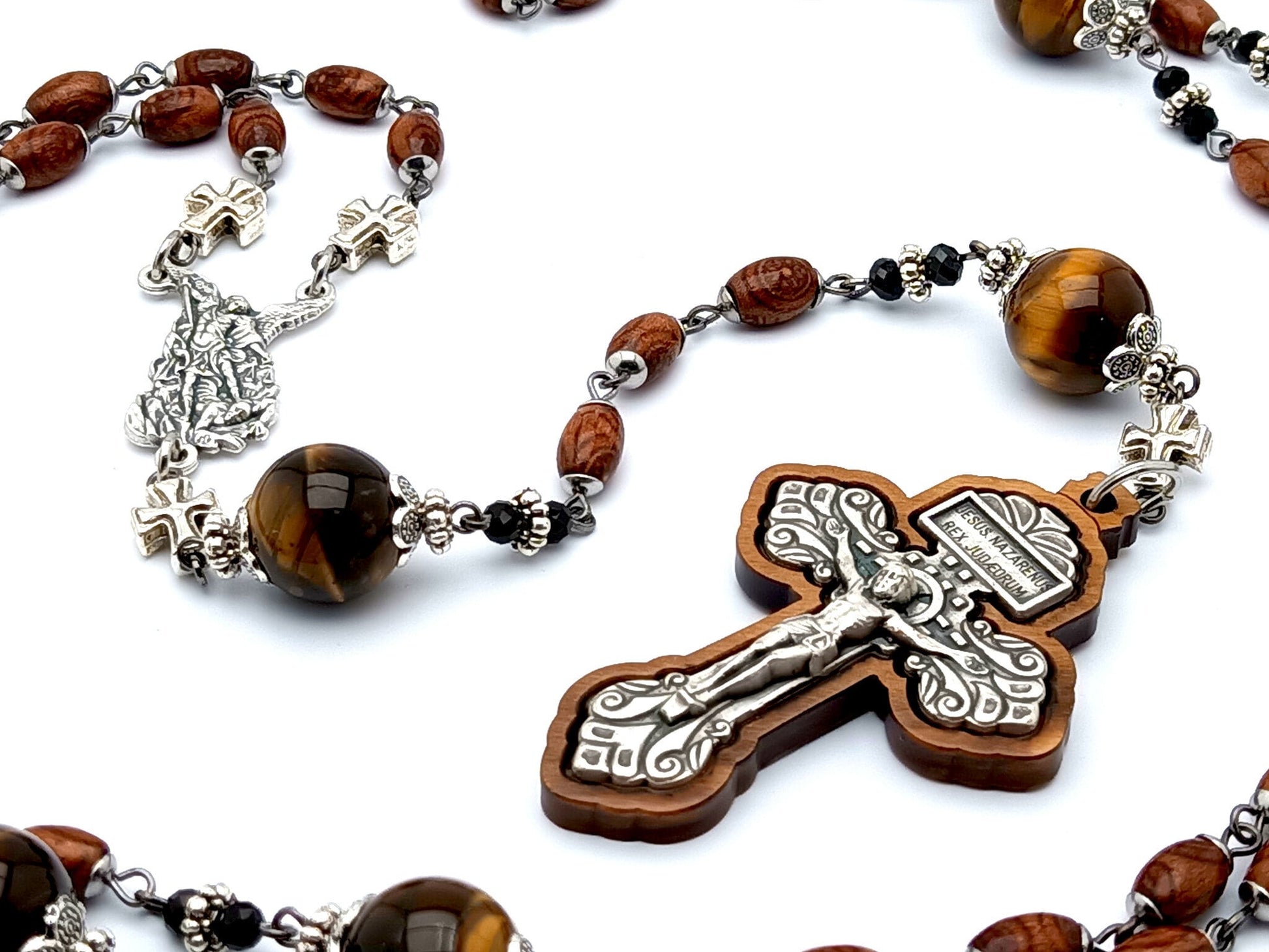 Saint Michael unique rosary beads with tigers eye gemstone and wood rosary beads with wood and silver pardon crucifix.