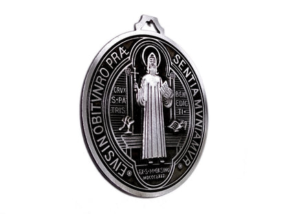 Saint Benedict unique rosary beads pewter coloured wall mounted medal.