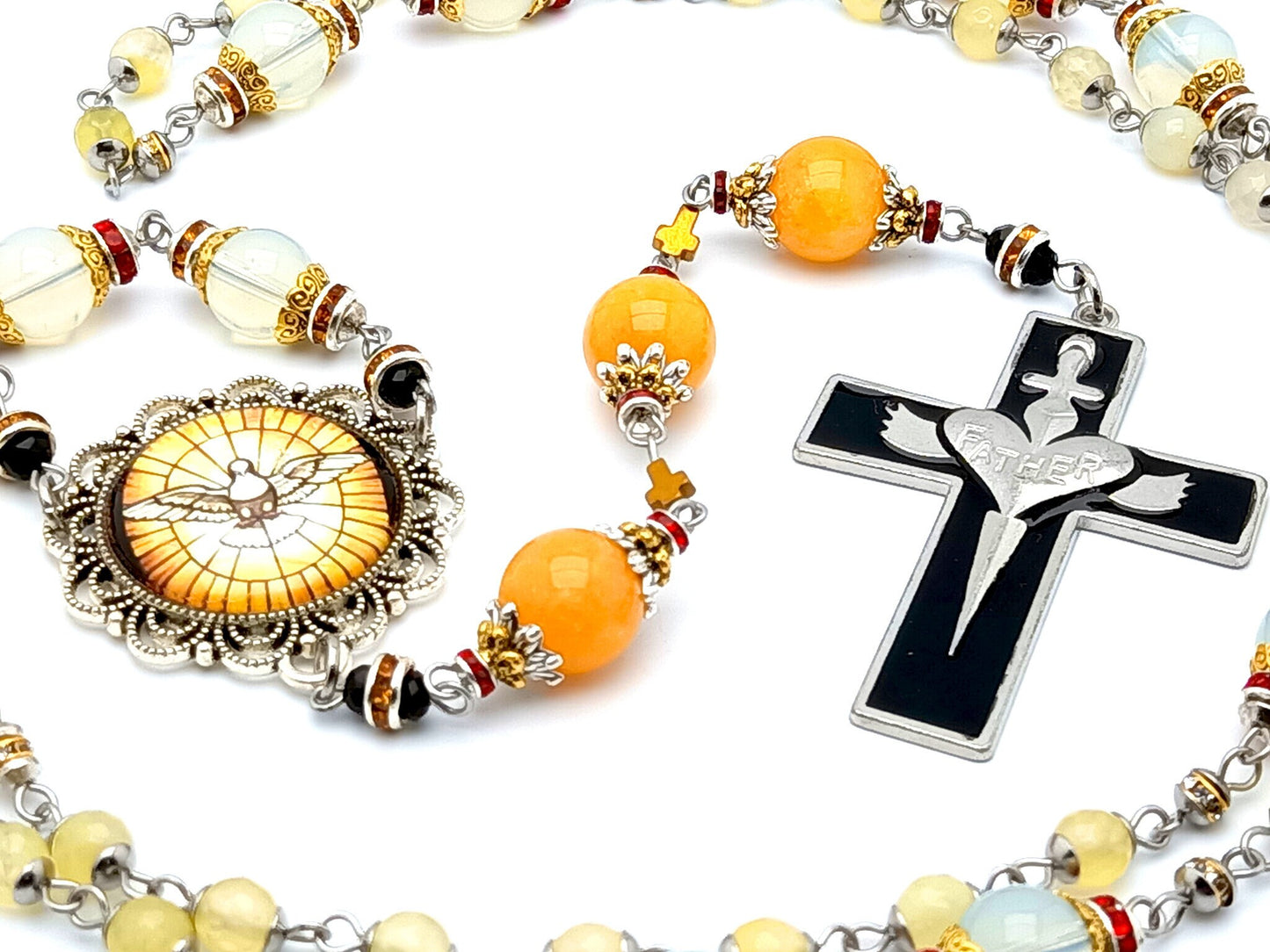 Holy Spirit uniuq rosary beads prayer chaplet with agate opal and jade gemstone beads and Holy Spirit enamel crucifix.