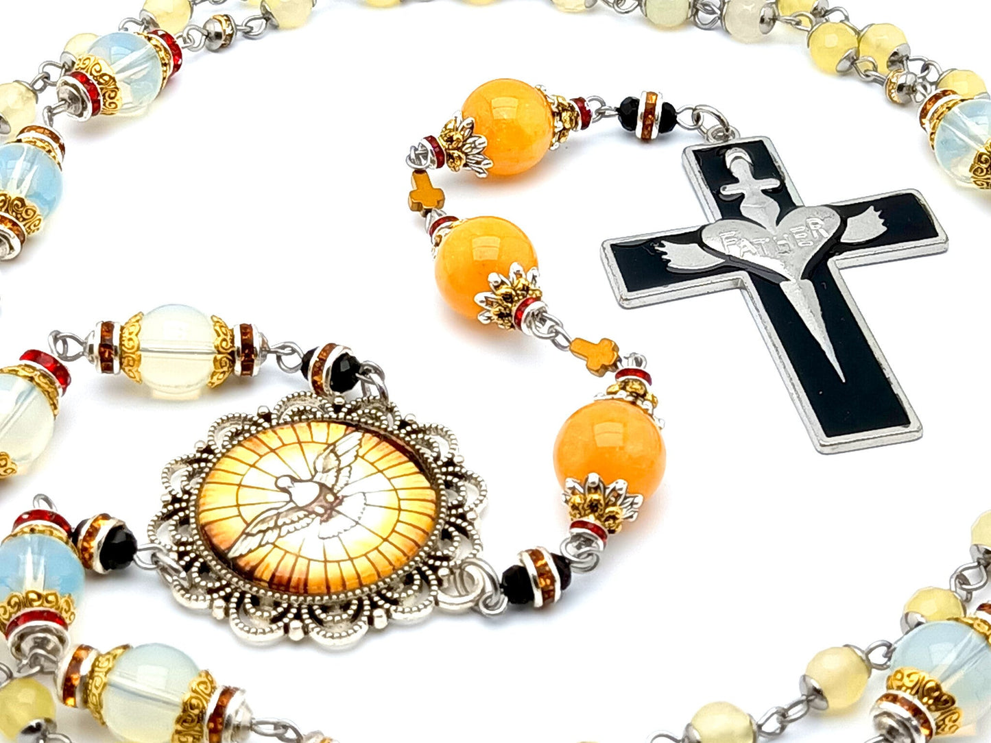 Holy Spirit uniuq rosary beads prayer chaplet with agate opal and jade gemstone beads and Holy Spirit enamel crucifix.