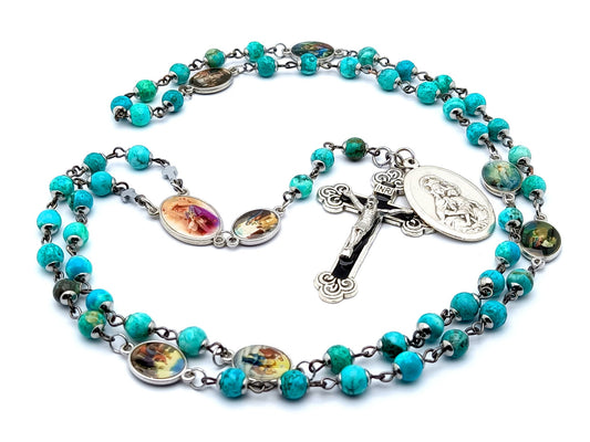 The Joys of Mary unique rosary beads prayer chaplet with turquoise gemstone prayer chaplet, brown scapular medal and black enamel crucifix.