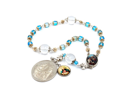 Saint Ann unique rosary beads prayer chaplet with quartz and crystal gemstone beads, Sacred Heart and Virgin and Child medals.