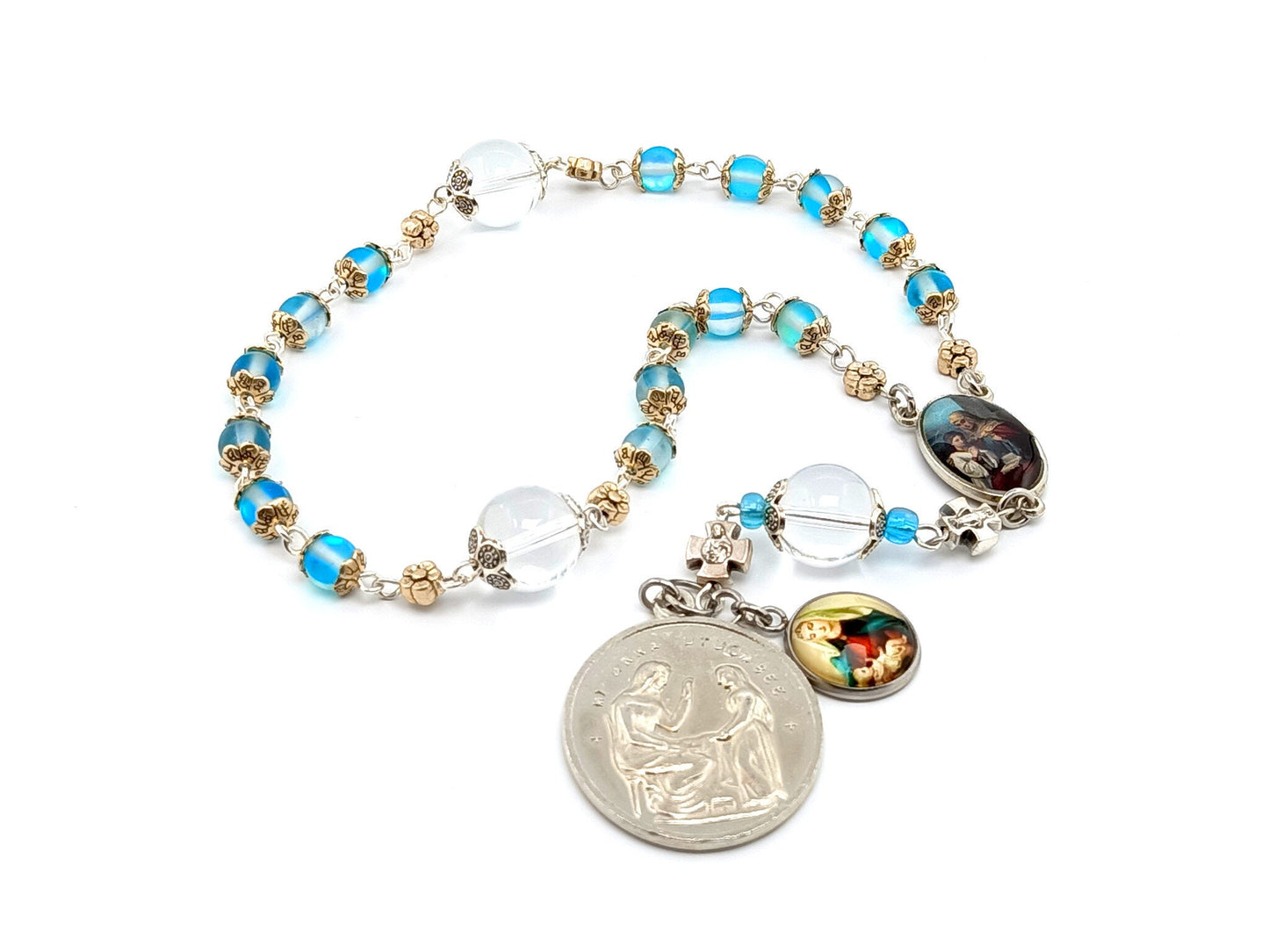 Saint Ann unique rosary beads prayer chaplet with quartz and crystal gemstone beads, Sacred Heart and Virgin and Child medals.