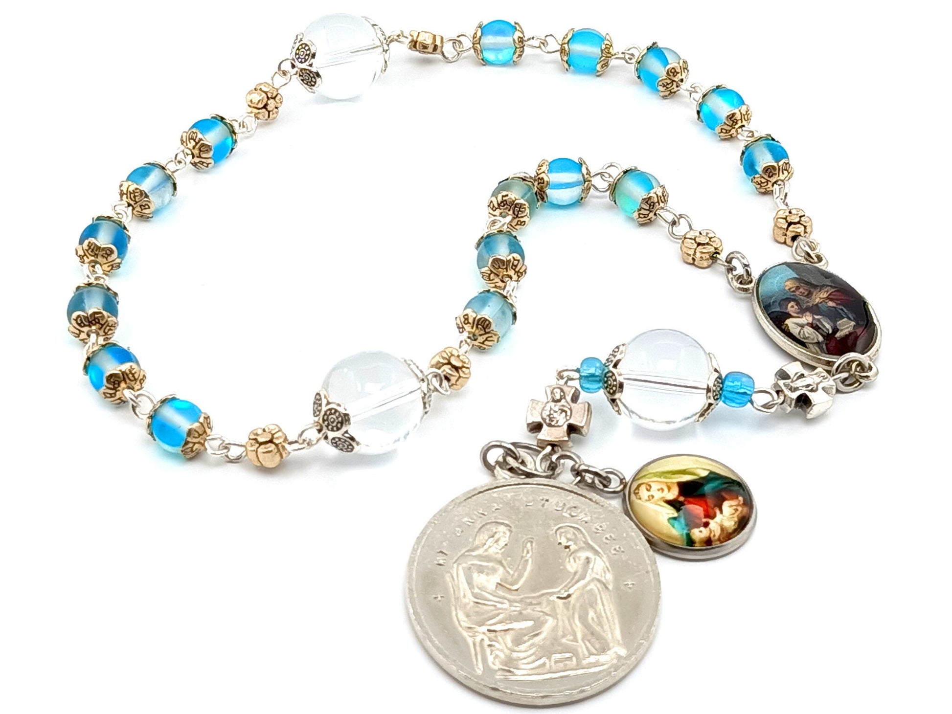 Saint Ann unique rosary beads prayer chaplet with quartz and crystal gemstone beads, Sacred Heart and Virgin and Child medals.