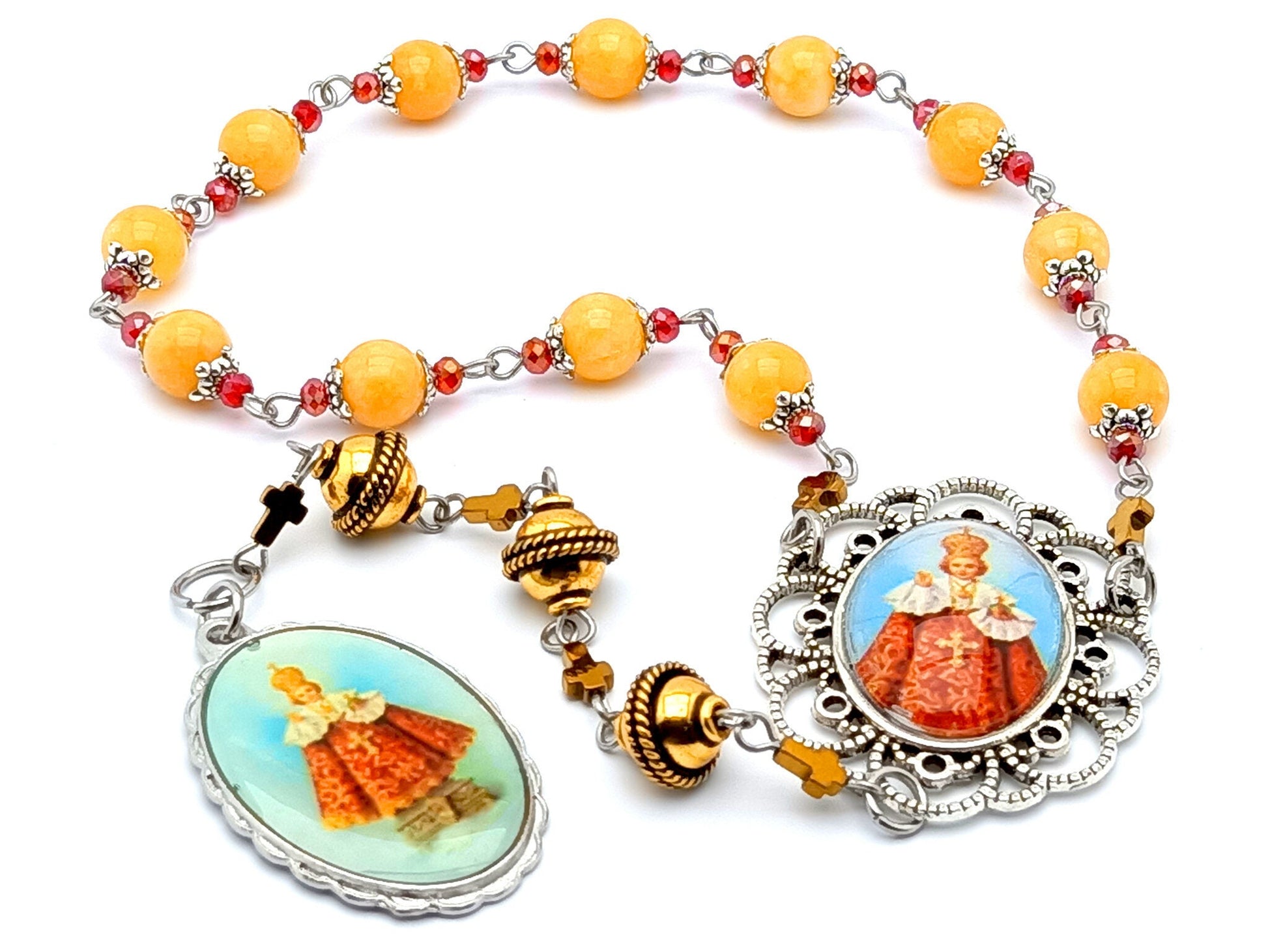 Infant of Prague unique rpsary beads prayer chaplet with agate gemstone beads, filigree picture medal and gold Bali beads.